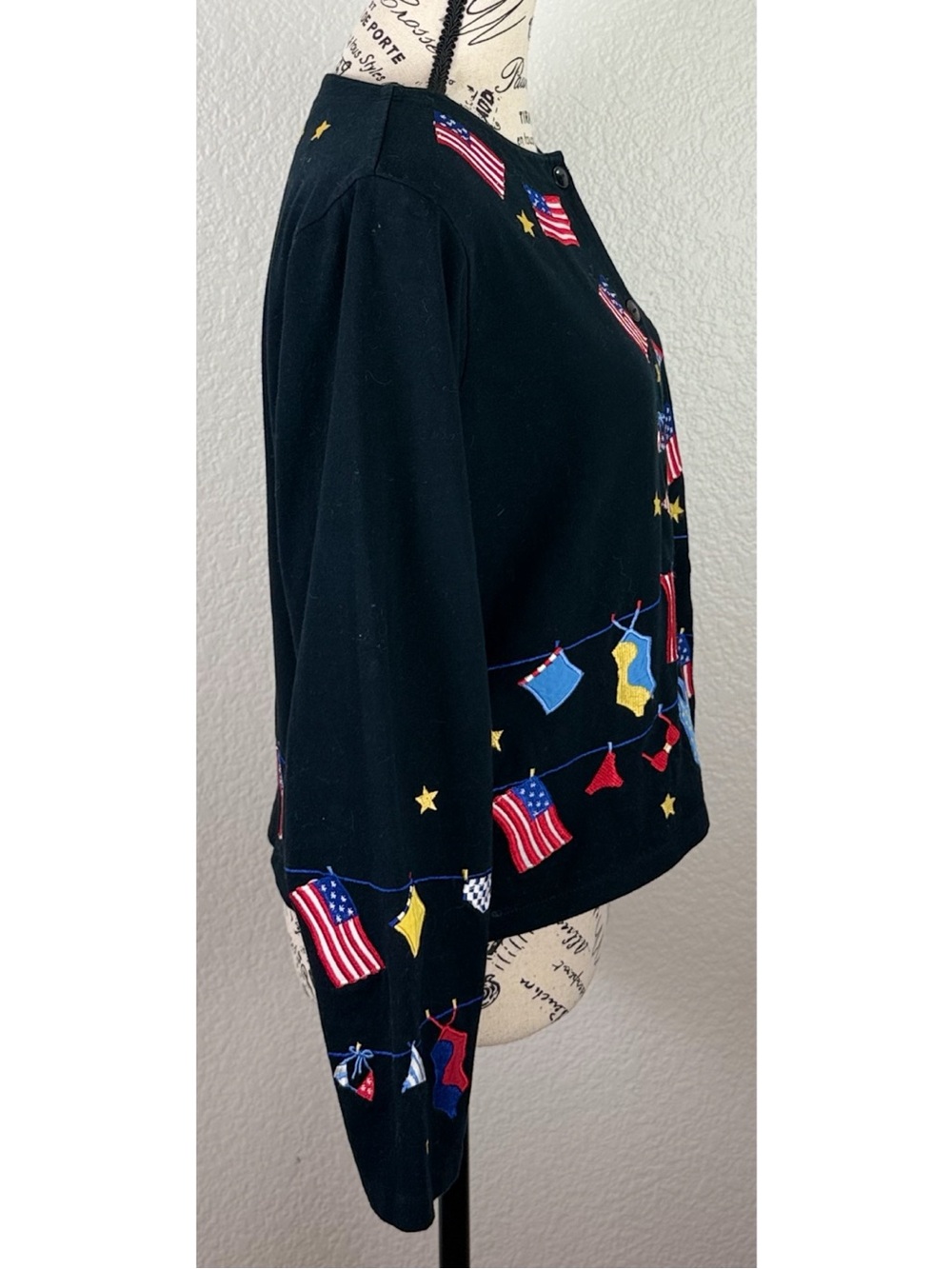Michael Simon Americana 4th of July Patriotic Black Embroidered Cardigan Sweater - Picture 3 of 10